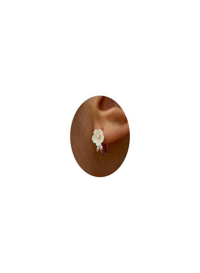 VLINRAS Mother of Pearl Flower Hoop Earrings, Dainty Floral Gold Huggie Earrings, Bridal Earrings Bridesmaid Gift - Image 1